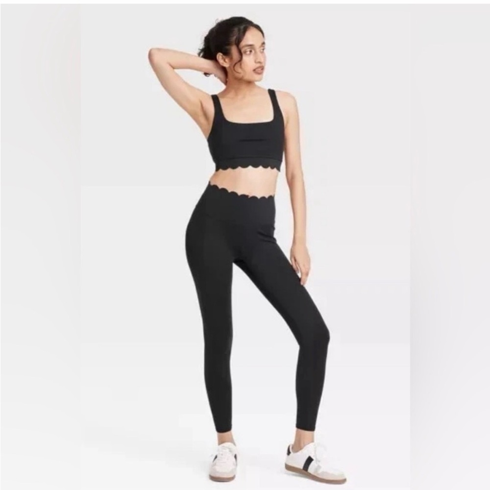 Black Scalloped Edge Leggings and Crop Tank Top Set